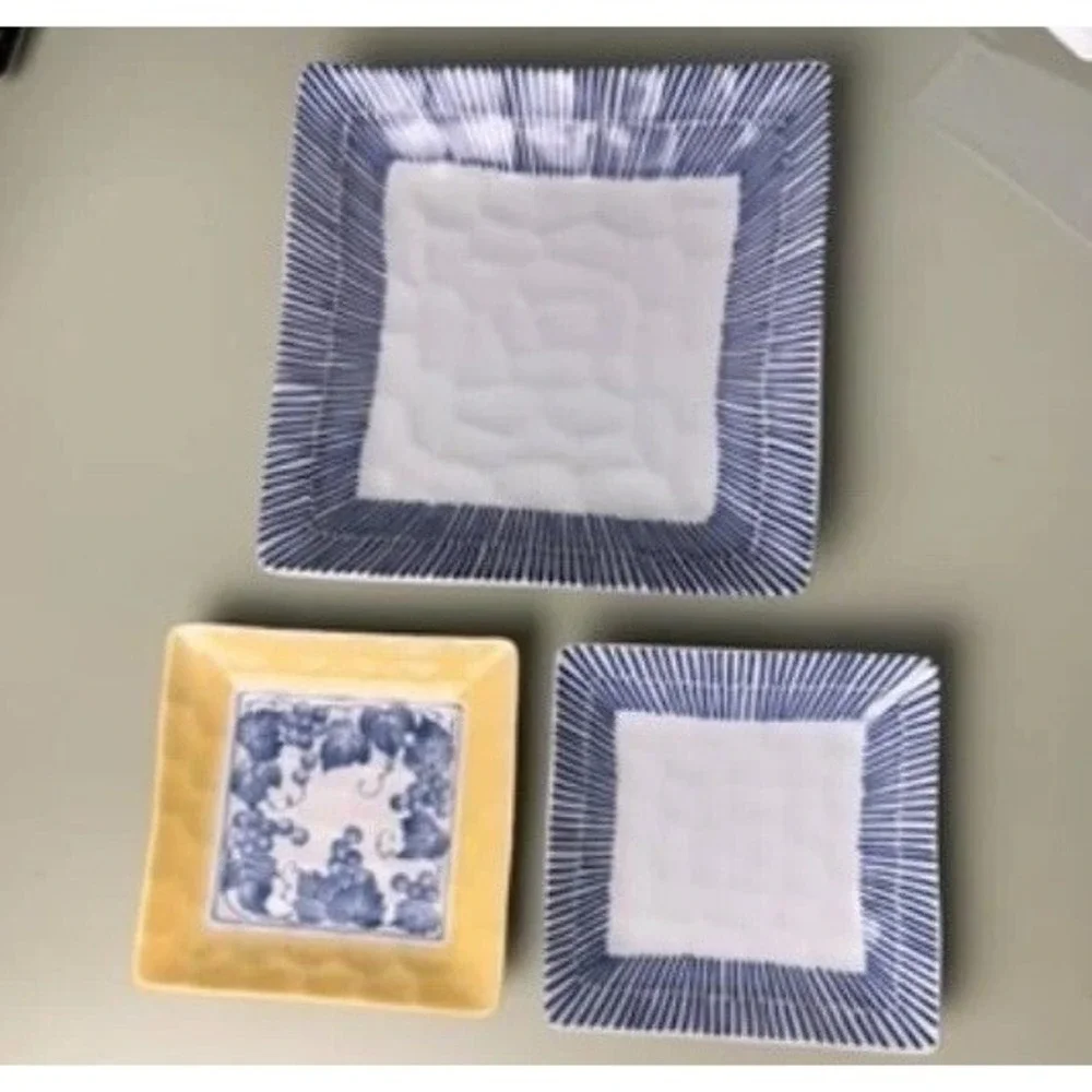 Set of 3 Square Serving Plates Blue Yellow Grapevine Pattern Ceramic Decor Table